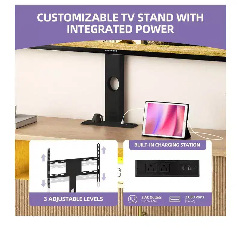 Mobili Porta TV Scanalati con Supporto, Mobile TV LED per TV da 75 Pollici, Porta TV Curvo con Prese di Corrente e Luce LED per Soggiorno, Rovere Naturale
