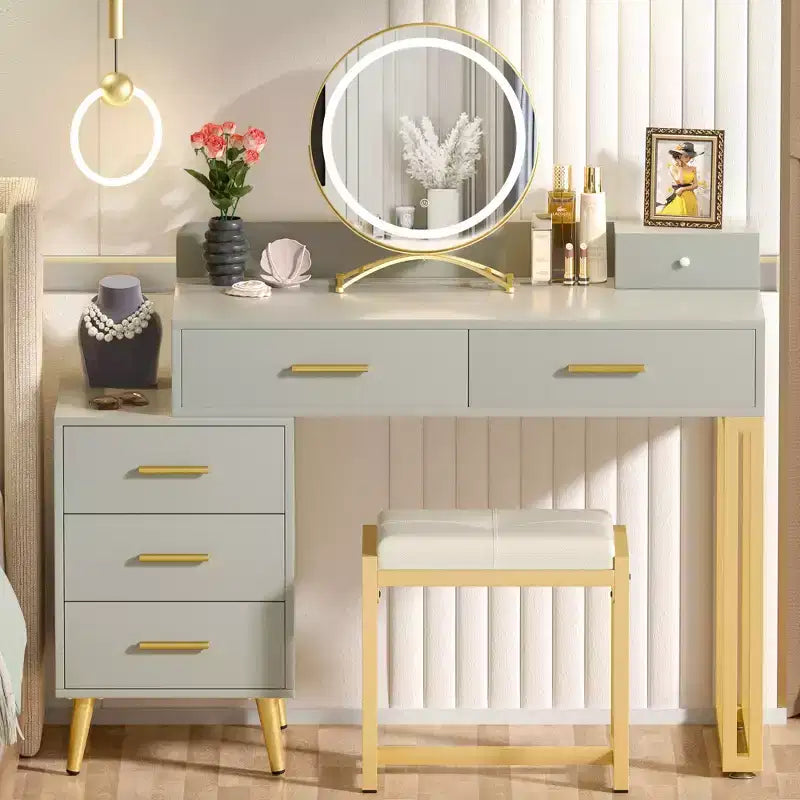 Vanity Desk with Stool and LED Mirror, Makeup Table with Wood Drawers