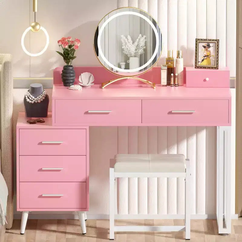 Vanity Desk with Stool and LED Mirror, Makeup Table with Wood Drawers