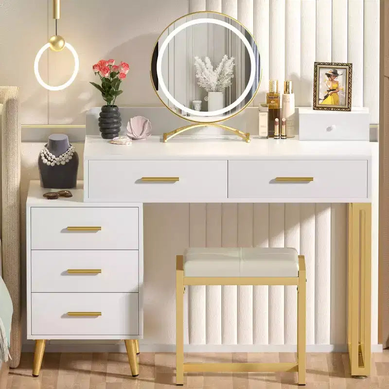 Vanity Desk with Stool and LED Mirror, Makeup Table with Wood Drawers