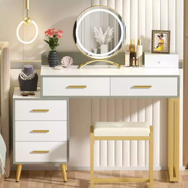 Vanity Desk with Stool and LED Mirror, Makeup Table with Wood Drawers