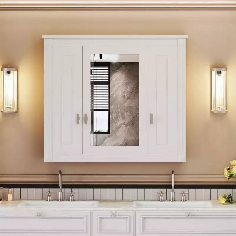Bathroom Wall Cabinet with Mirror, Wall Mounted Medicine Cabinet with 4 Shelves Mirrored Door White