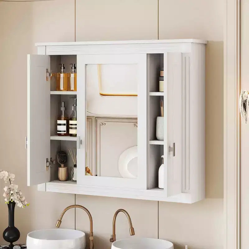 Bathroom Wall Cabinet with Mirror, Wall Mounted Medicine Cabinet with 4 Shelves Mirrored Door White