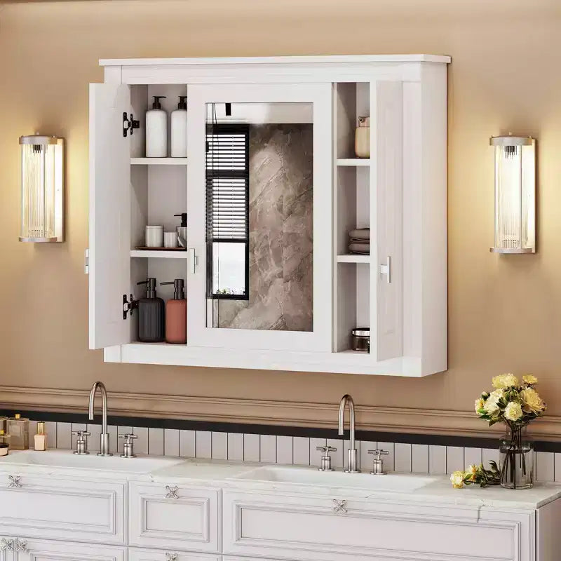 Bathroom Wall Cabinet with Mirror, Wall Mounted Medicine Cabinet with 4 Shelves Mirrored Door White