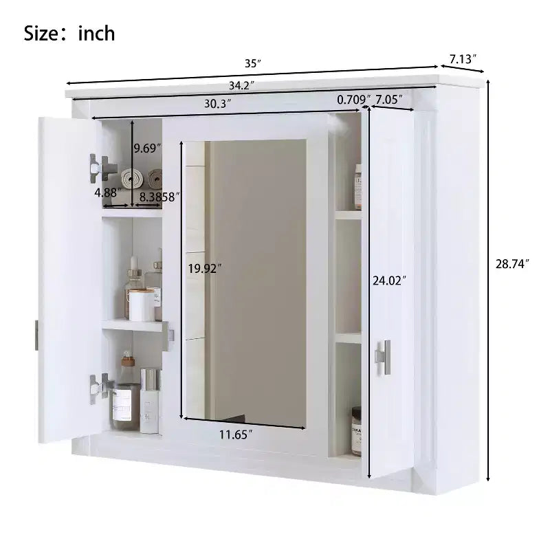 Bathroom Wall Cabinet with Mirror, Wall Mounted Medicine Cabinet with 4 Shelves Mirrored Door White