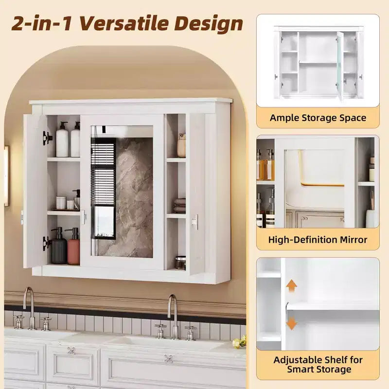 Bathroom Wall Cabinet with Mirror, Wall Mounted Medicine Cabinet with 4 Shelves Mirrored Door White