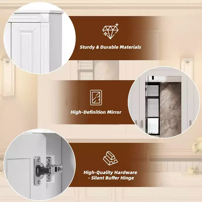 Bathroom Wall Cabinet with Mirror, Wall Mounted Medicine Cabinet with 4 Shelves Mirrored Door White