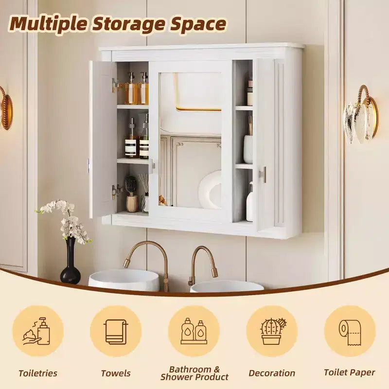Bathroom Wall Cabinet with Mirror, Wall Mounted Medicine Cabinet with 4 Shelves Mirrored Door White