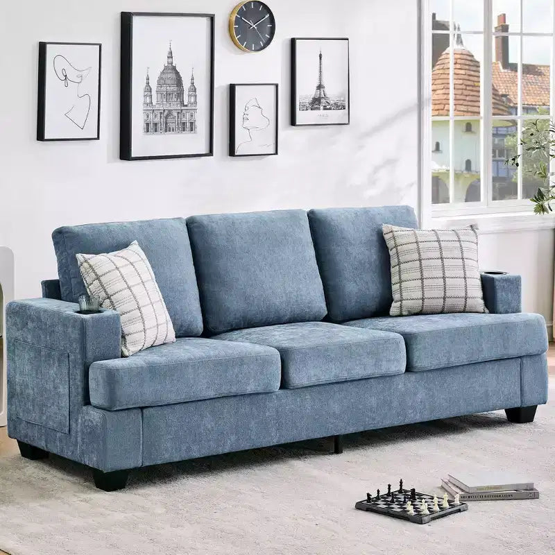 Modern 89 in 3-Seater Sofa for Living Room, Comfy Couches with Deep Seat,Chenille Couch with Cup Holders and Side Storage Pockets for Apartment Lounge