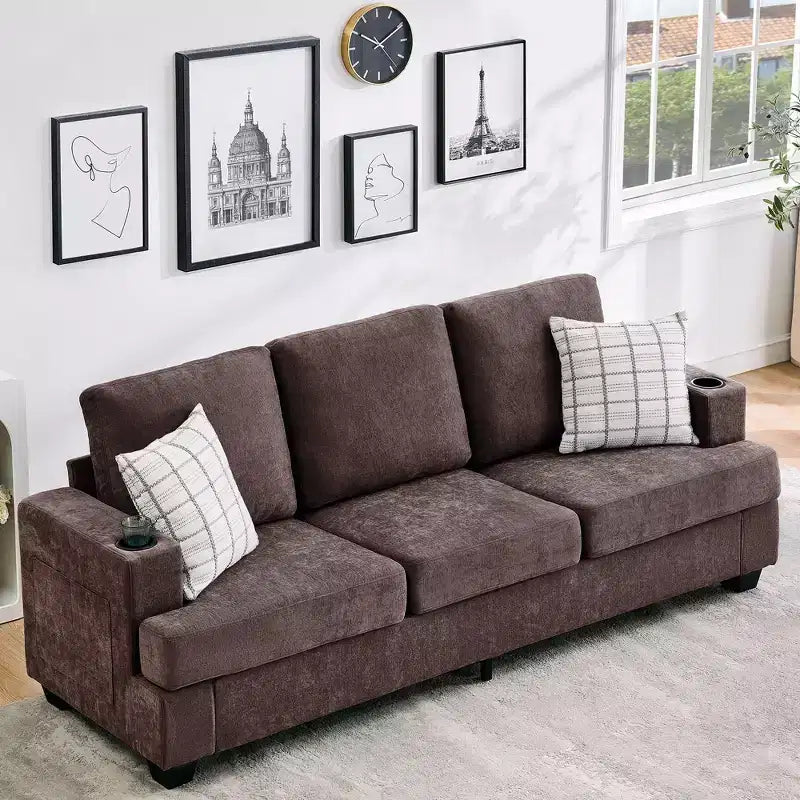Modern 89 in 3-Seater Sofa for Living Room, Comfy Couches with Deep Seat,Chenille Couch with Cup Holders and Side Storage Pockets for Apartment Lounge