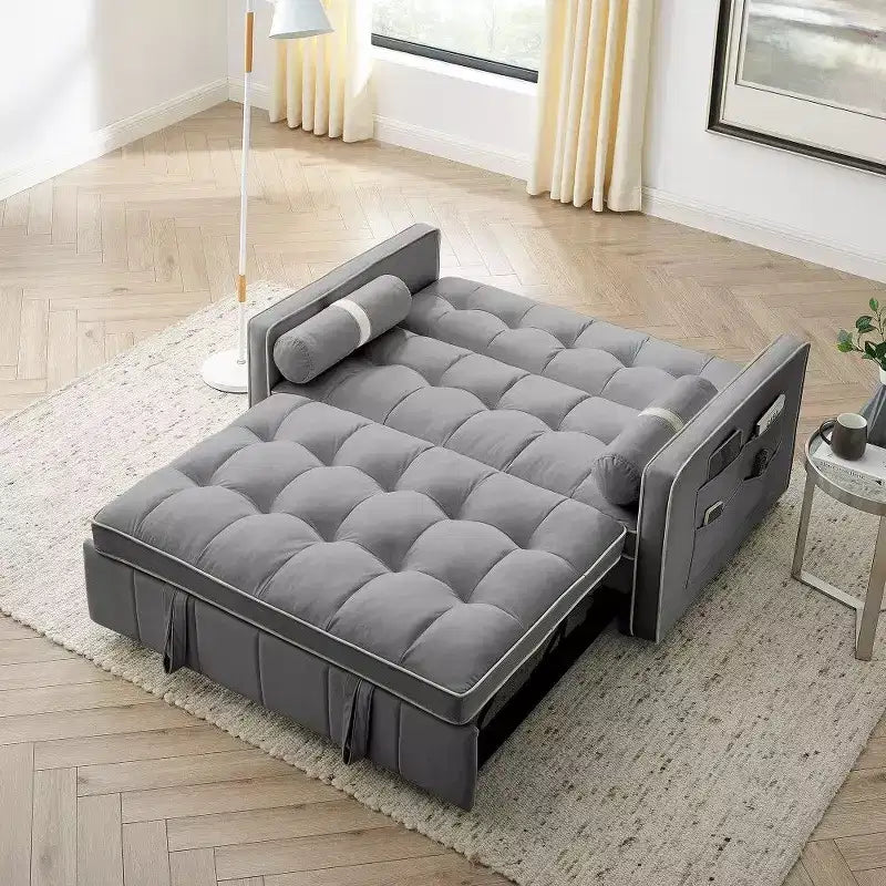 Divano letto estraibile da 55,5 pollici, divanetto con schienale regolabile con tasche laterali e 2 cuscini, divano convertibile in velluto per piccoli spazi