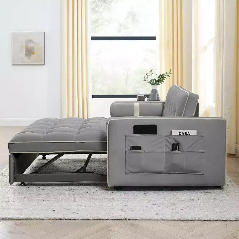 Divano letto estraibile da 55,5 pollici, divanetto con schienale regolabile con tasche laterali e 2 cuscini, divano convertibile in velluto per piccoli spazi