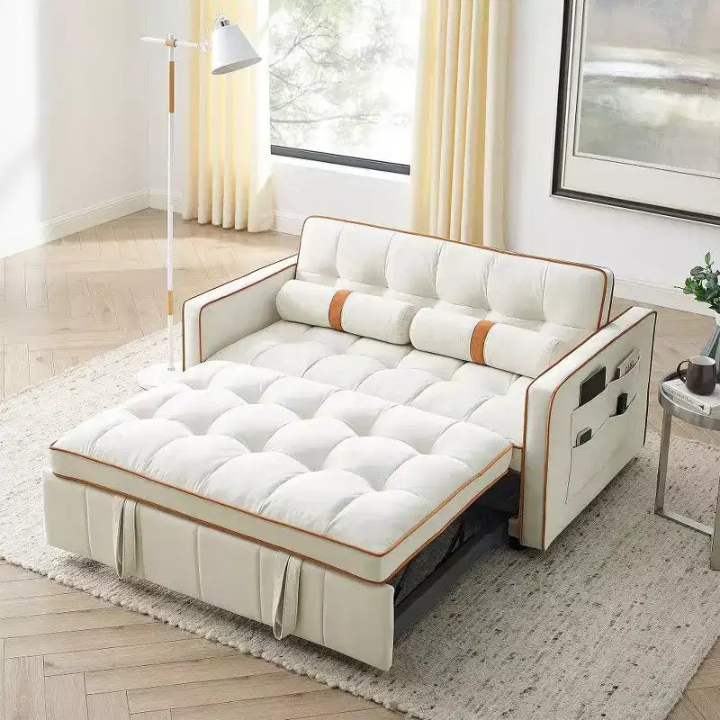 55.5 Inch Pull Out Sofa Bed, Adjustable Backrest Loveseat with Side Pockets & 2 Pillows, Velvet Convertible Couch for Small Space