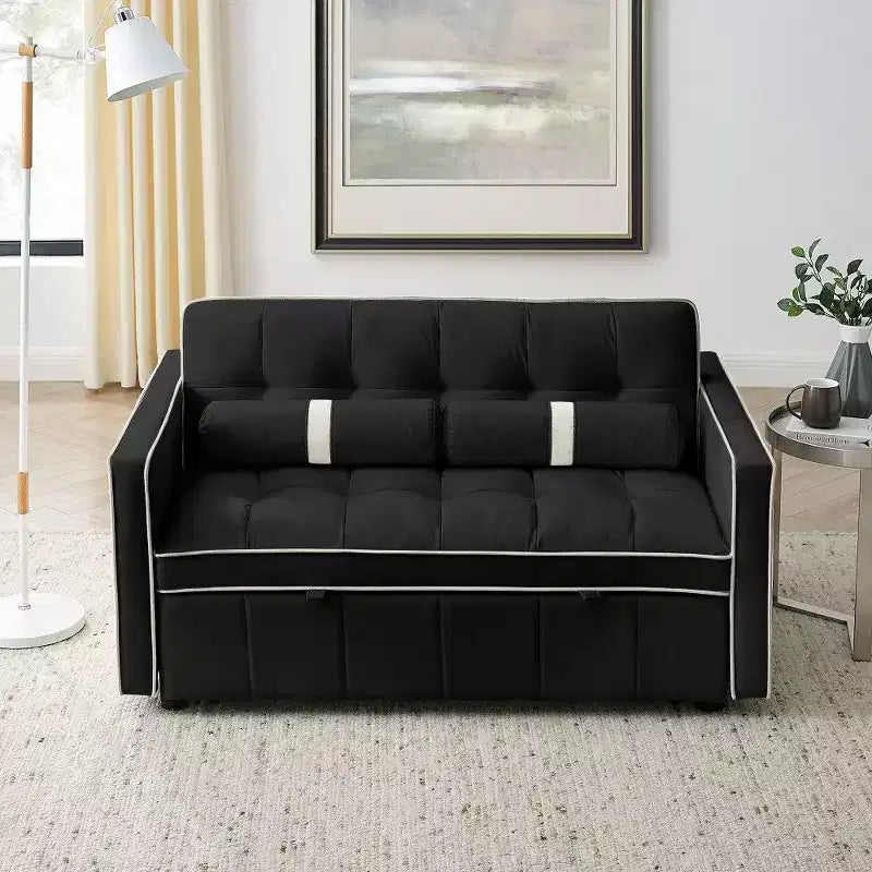 55.5 Inch Pull Out Sofa Bed, Adjustable Backrest Loveseat with Side Pockets & 2 Pillows, Velvet Convertible Couch for Small Space