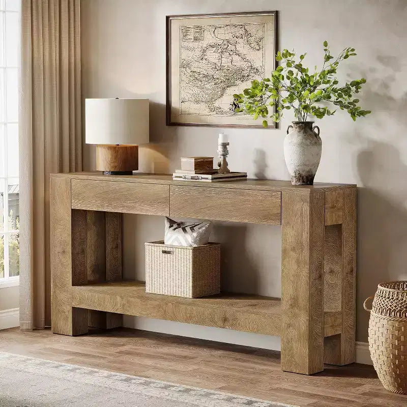 Tavolo Consolle in Legno da 63" con 2 Cassetti, Tavolo da Ingresso in Stile Rustico con Ripiano, Tavolo da Divano per Soggiorno, Corridoio