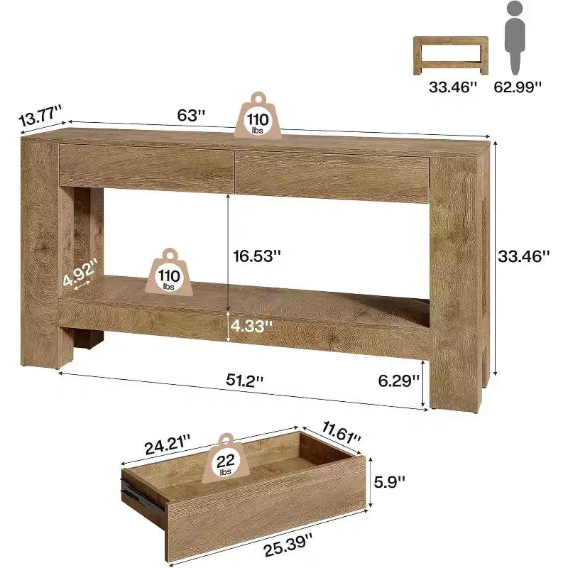 Tavolo Consolle in Legno da 63" con 2 Cassetti, Tavolo da Ingresso in Stile Rustico con Ripiano, Tavolo da Divano per Soggiorno, Corridoio