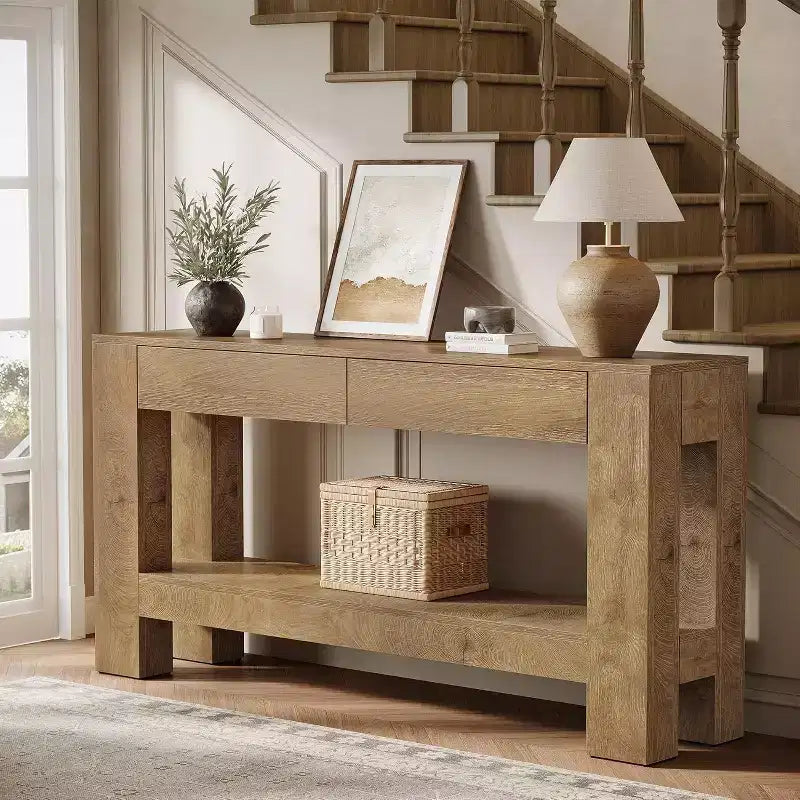 Tavolo Consolle in Legno da 63" con 2 Cassetti, Tavolo da Ingresso in Stile Rustico con Ripiano, Tavolo da Divano per Soggiorno, Corridoio