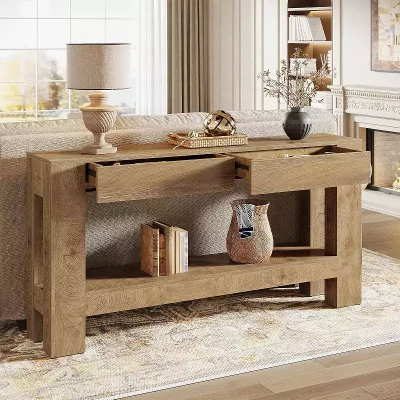Tavolo Consolle in Legno da 63" con 2 Cassetti, Tavolo da Ingresso in Stile Rustico con Ripiano, Tavolo da Divano per Soggiorno, Corridoio