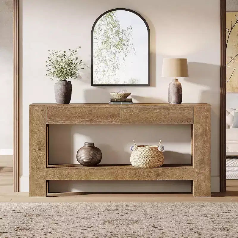 Tavolo Consolle in Legno da 63" con 2 Cassetti, Tavolo da Ingresso in Stile Rustico con Ripiano, Tavolo da Divano per Soggiorno, Corridoio