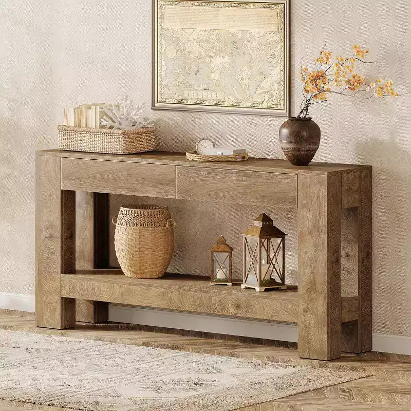Tavolo Consolle in Legno da 63" con 2 Cassetti, Tavolo da Ingresso in Stile Rustico con Ripiano, Tavolo da Divano per Soggiorno, Corridoio