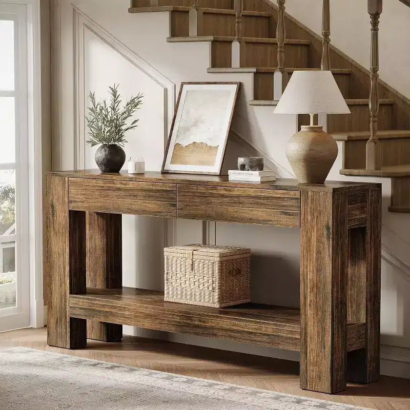 Tavolo Consolle in Legno da 63" con 2 Cassetti, Tavolo da Ingresso in Stile Rustico con Ripiano, Tavolo da Divano per Soggiorno, Corridoio