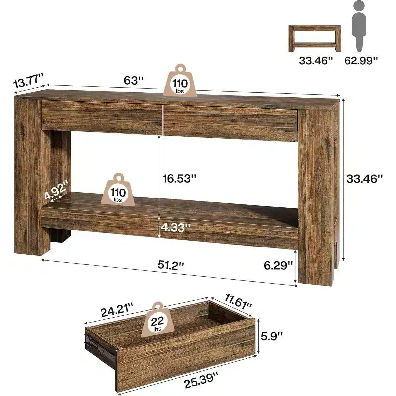 Tavolo Consolle in Legno da 63" con 2 Cassetti, Tavolo da Ingresso in Stile Rustico con Ripiano, Tavolo da Divano per Soggiorno, Corridoio