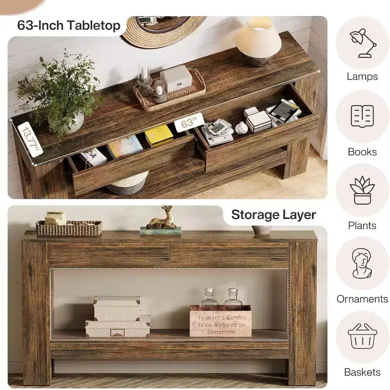 63" Wooden Console Table with 2 Drawers, Farmhouse Entryway Table with Storage Shelf, Sofa Table for Living Room, Hallway
