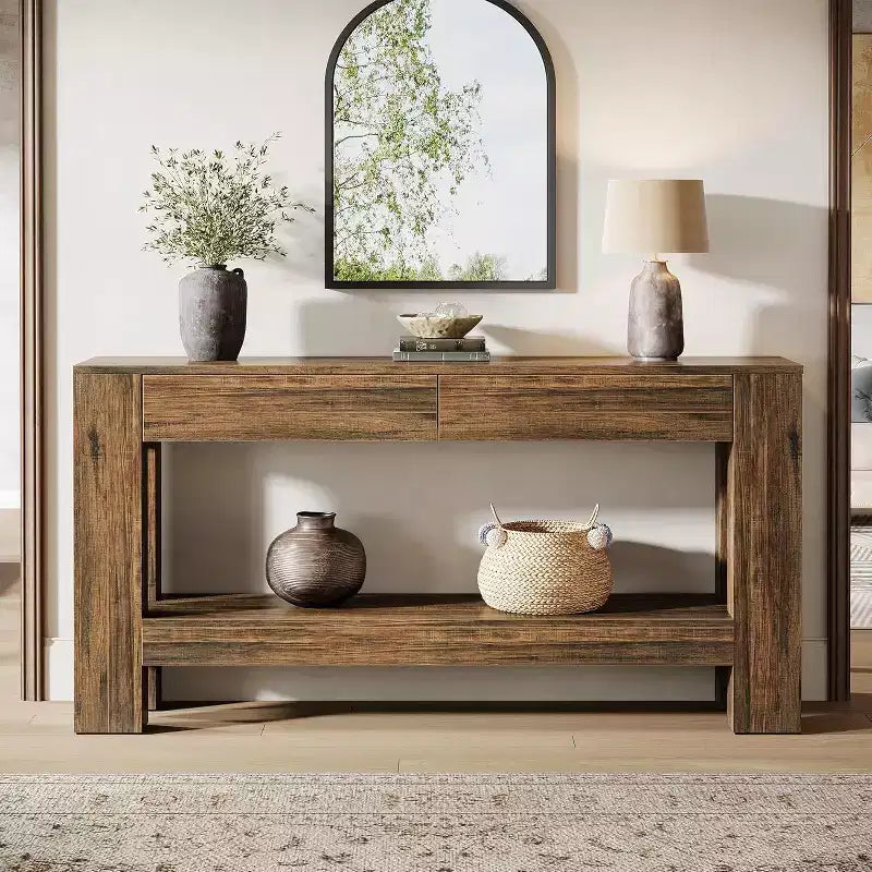 Tavolo Consolle in Legno da 63" con 2 Cassetti, Tavolo da Ingresso in Stile Rustico con Ripiano, Tavolo da Divano per Soggiorno, Corridoio