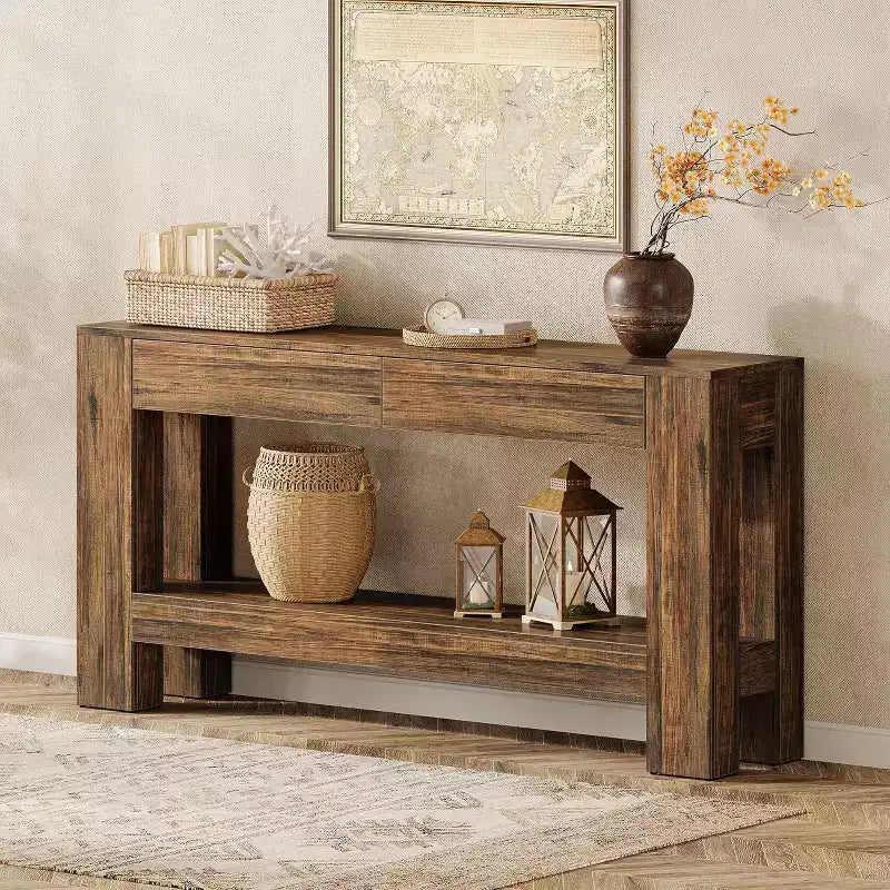 Tavolo Consolle in Legno da 63" con 2 Cassetti, Tavolo da Ingresso in Stile Rustico con Ripiano, Tavolo da Divano per Soggiorno, Corridoio