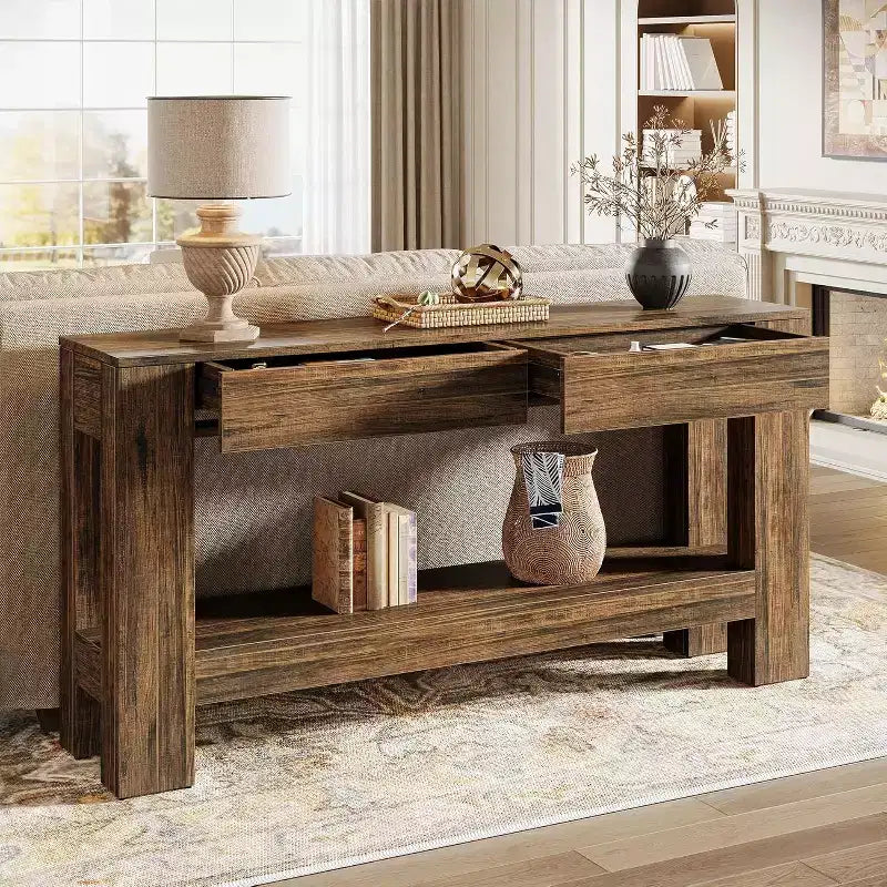 Tavolo Consolle in Legno da 63" con 2 Cassetti, Tavolo da Ingresso in Stile Rustico con Ripiano, Tavolo da Divano per Soggiorno, Corridoio