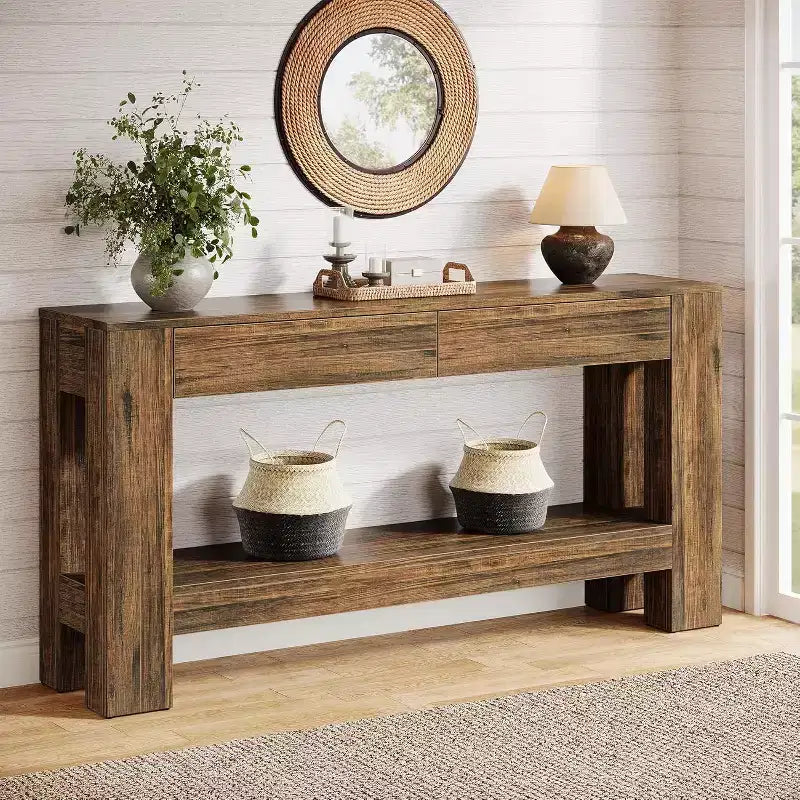 Tavolo Consolle in Legno da 63" con 2 Cassetti, Tavolo da Ingresso in Stile Rustico con Ripiano, Tavolo da Divano per Soggiorno, Corridoio