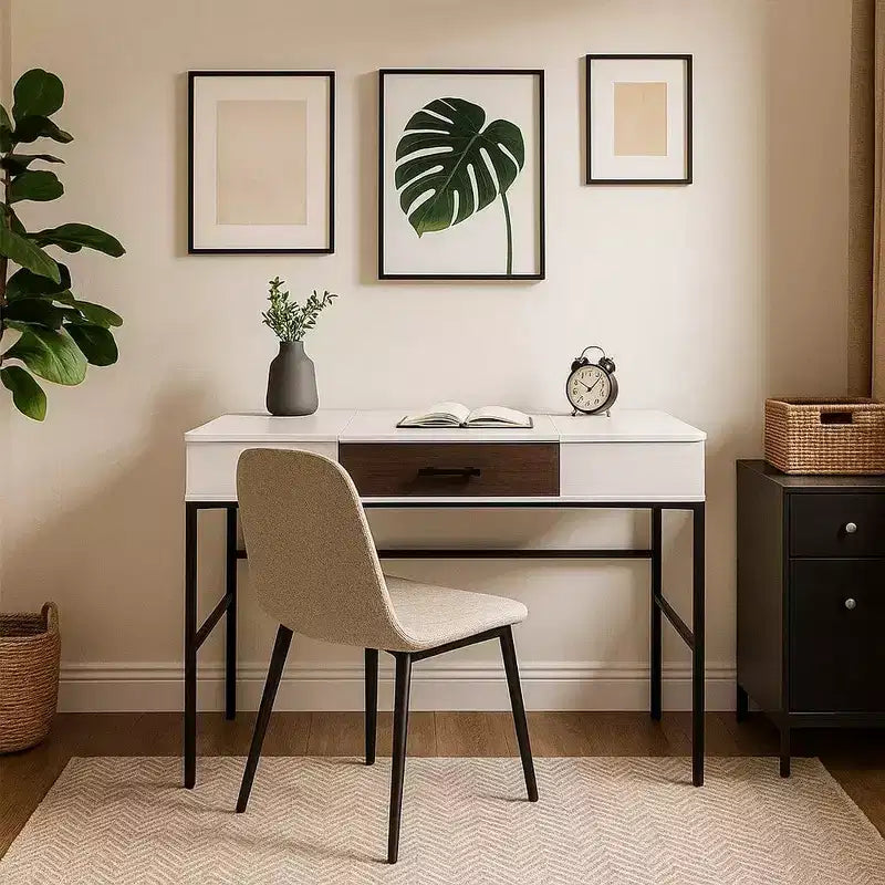 Writing Desk with 2 Hinged Top Storage Compartments, White and Black