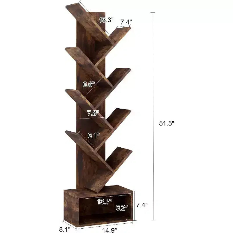 8-Tier Tree Bookcase with Storage, Tall Floor Standing Shelf for Living Room Bedroom Home Office, Multi-Functional Organizer with Wood Tone Finish
