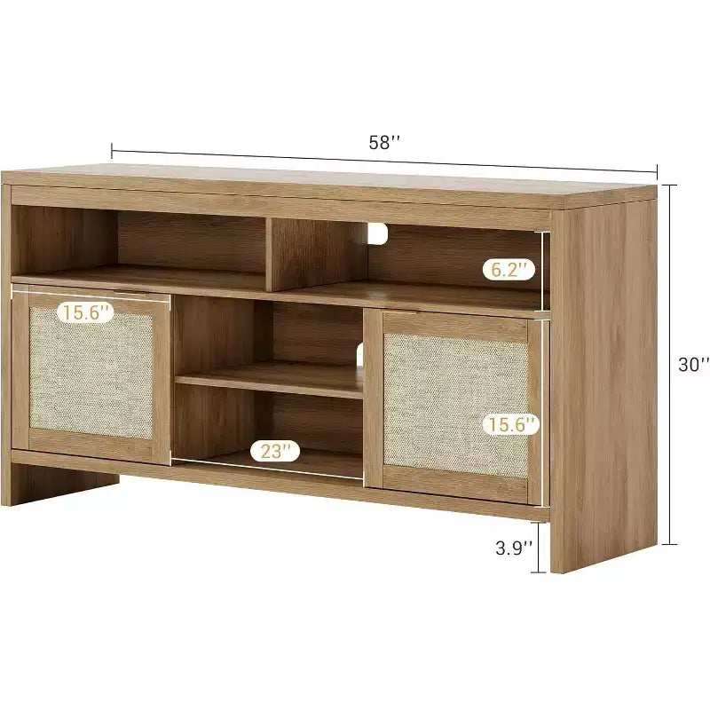 Modern Rattan TV Console 58 Inch Media Cabinet with 4 Open Drawers, 2 Doors, Adjustable Shelves, Storage Cabinet for TV up to 65 Inches
