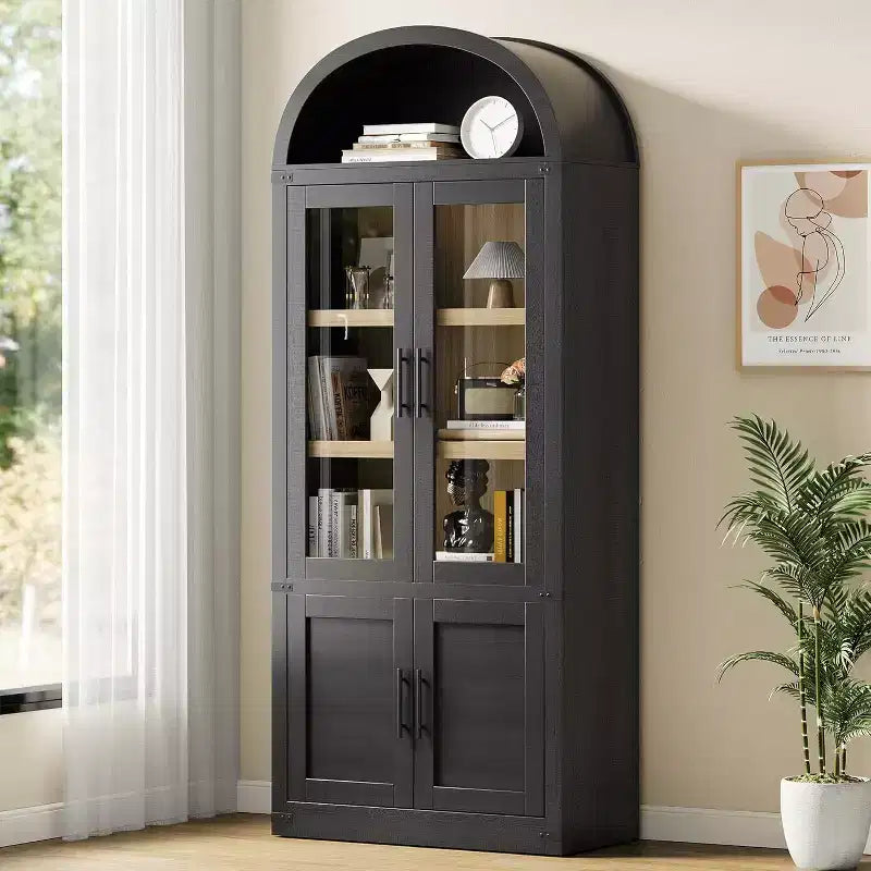 Libreria ad arco con ante, libreria moderna a 6 ripiani con ante, vetrinetta in legno, scaffali portaoggetti in stile rustico per soggiorno, ufficio
