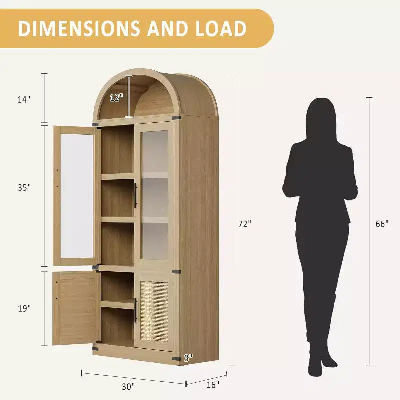 Libreria ad arco con ante, libreria moderna a 6 ripiani con ante, vetrinetta in legno, scaffali portaoggetti in stile rustico per soggiorno, ufficio