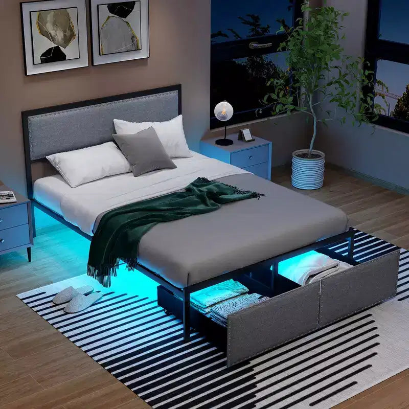 Struttura Letto Matrimoniale con 2 Cassetti Contenitore Luci LED Supporto a Doghe Moderno