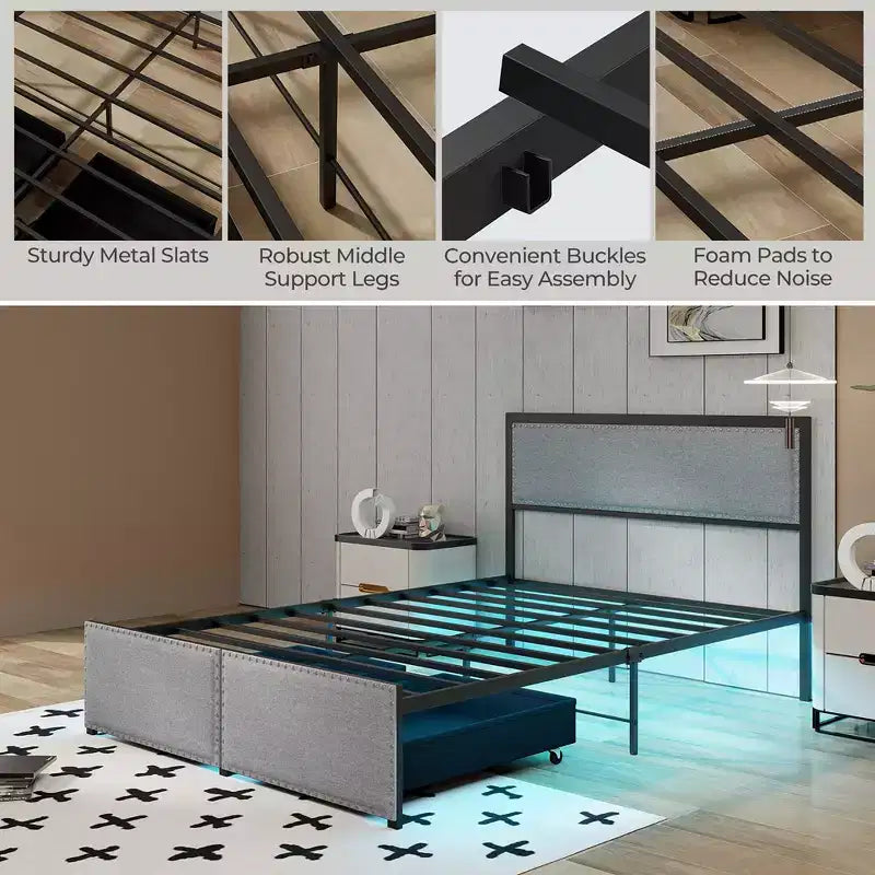 Struttura Letto Matrimoniale con 2 Cassetti Contenitore Luci LED Supporto a Doghe Moderno