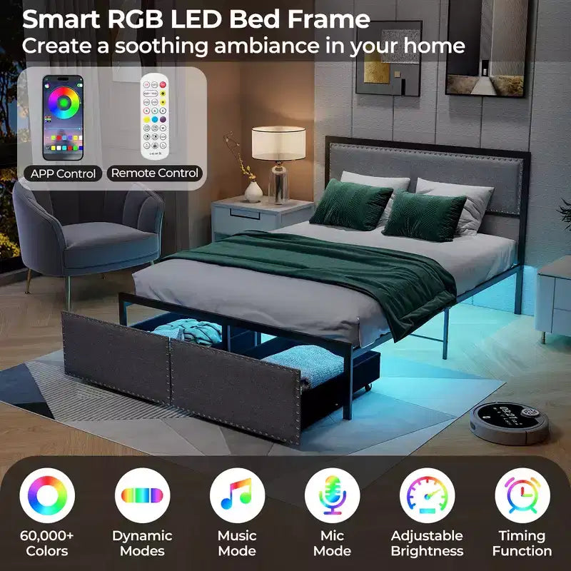 Struttura Letto Matrimoniale con 2 Cassetti Contenitore Luci LED Supporto a Doghe Moderno