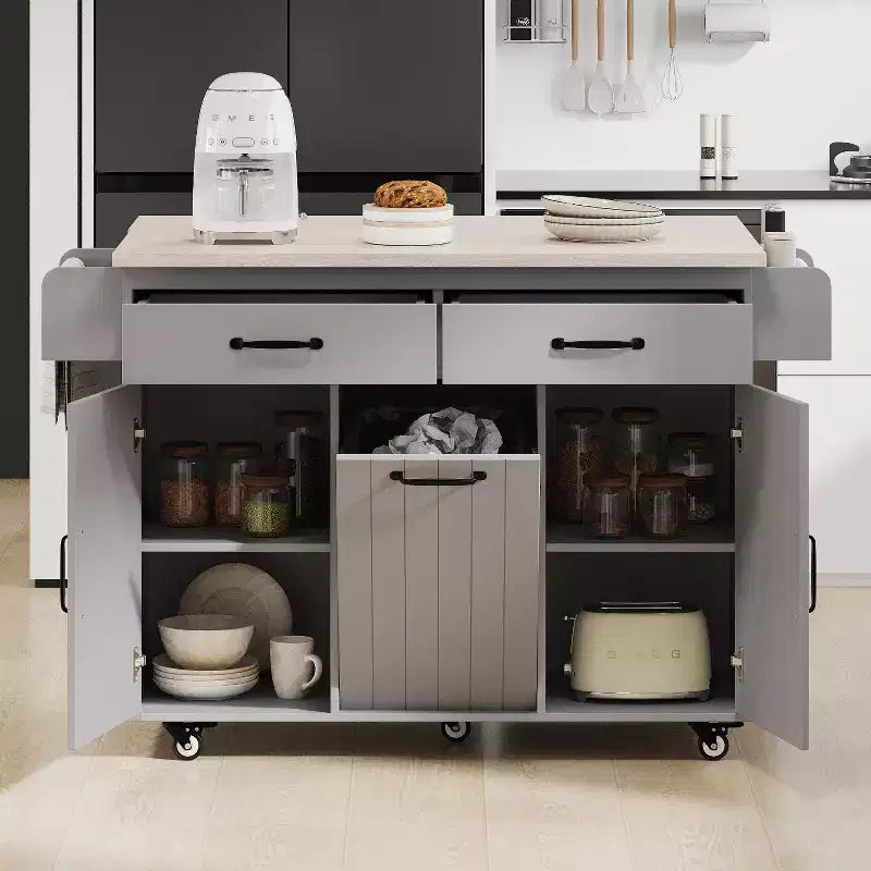 Isola da Cucina con Mobile Contenitore per Pattumiera, Carrello da Cucina con Anta a Ribalta, Isola da Cucina su Ruote con Ripiano Regolabile e Cassetto
