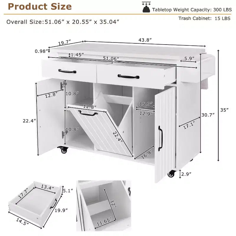 Isola da Cucina con Mobile Contenitore per Pattumiera, Carrello da Cucina con Anta a Ribalta, Isola da Cucina su Ruote con Ripiano Regolabile e Cassetto