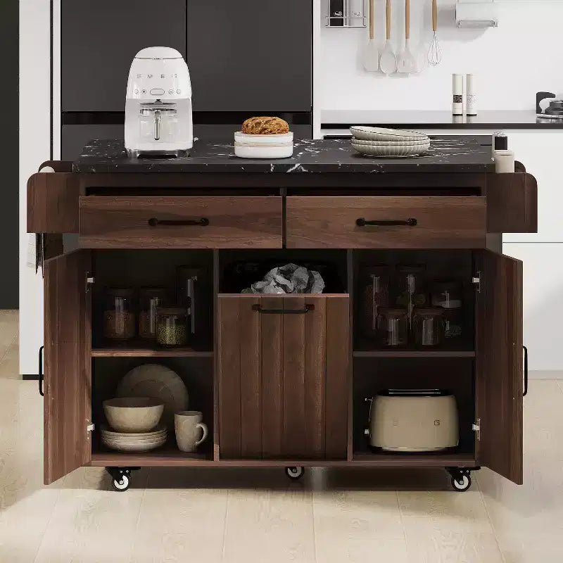 Isola da Cucina con Mobile Contenitore per Pattumiera, Carrello da Cucina con Anta a Ribalta, Isola da Cucina su Ruote con Ripiano Regolabile e Cassetto