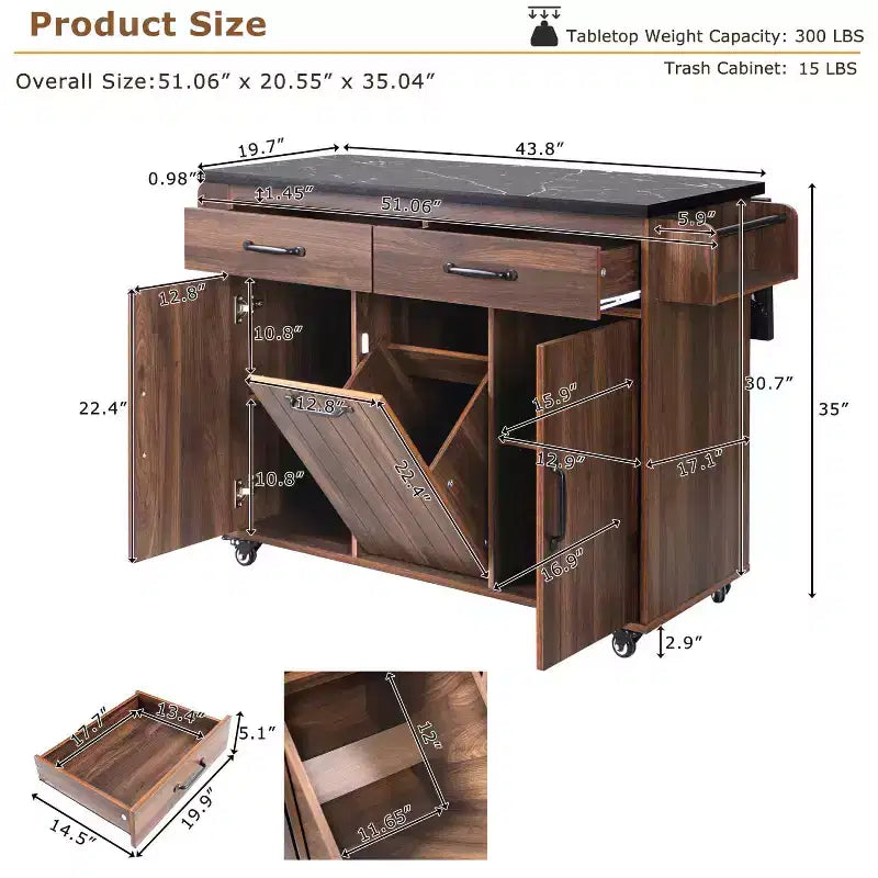 Isola da Cucina con Mobile Contenitore per Pattumiera, Carrello da Cucina con Anta a Ribalta, Isola da Cucina su Ruote con Ripiano Regolabile e Cassetto