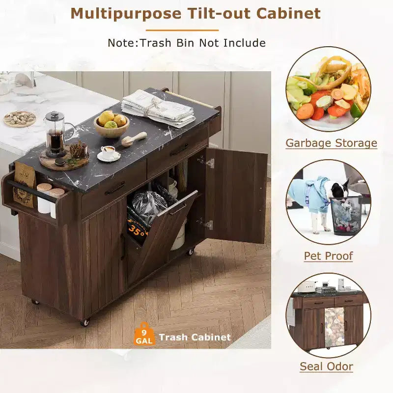 Isola da Cucina con Mobile Contenitore per Pattumiera, Carrello da Cucina con Anta a Ribalta, Isola da Cucina su Ruote con Ripiano Regolabile e Cassetto