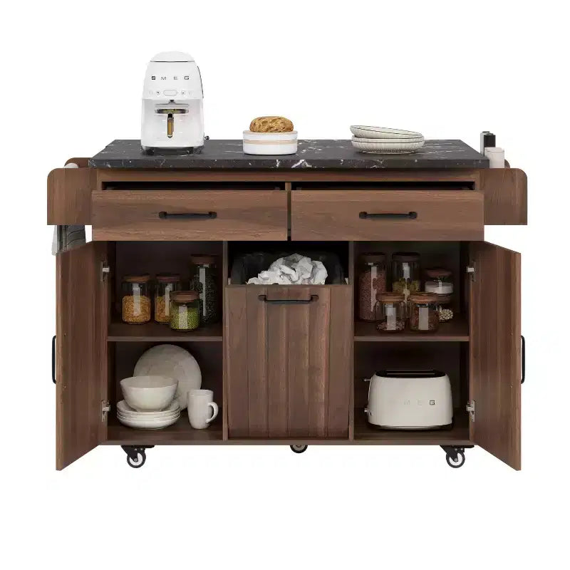 Isola da Cucina con Mobile Contenitore per Pattumiera, Carrello da Cucina con Anta a Ribalta, Isola da Cucina su Ruote con Ripiano Regolabile e Cassetto