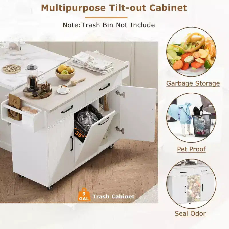 Isola da Cucina con Mobile Contenitore per Pattumiera, Carrello da Cucina con Anta a Ribalta, Isola da Cucina su Ruote con Ripiano Regolabile e Cassetto