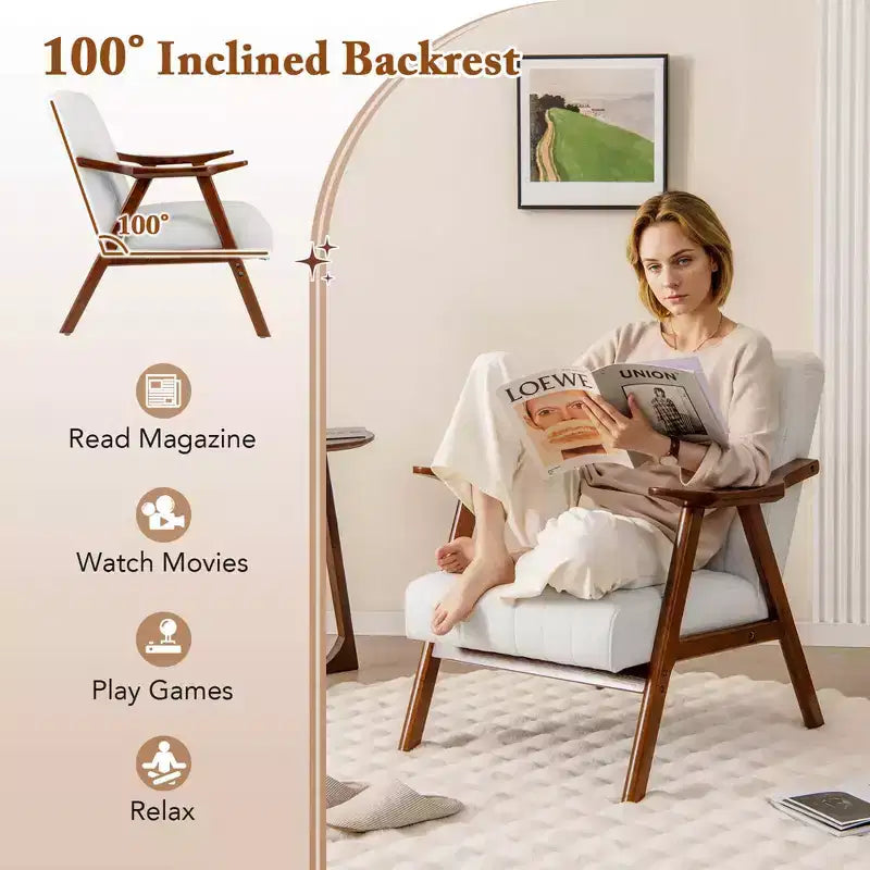 Modern Accent Chair Leathaire Leisure Armchair w/ Rubber Wood Frame & Felt Pads