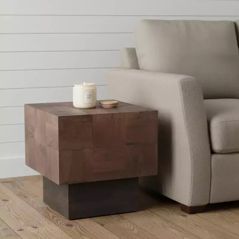 22" Gray Distressed Solid Wood Square Block End Table