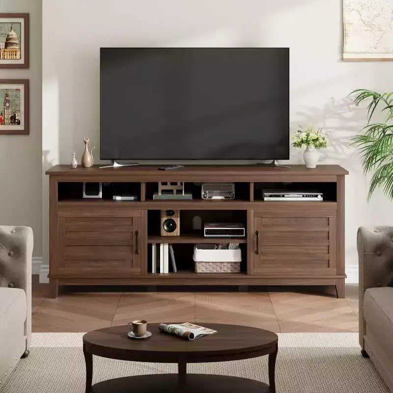 70.9" TV Stand, Entertainment Center with Adjustable Shelves, Farmhouse TV Stand with Cabinet Doors, for Living Room, Bedroom