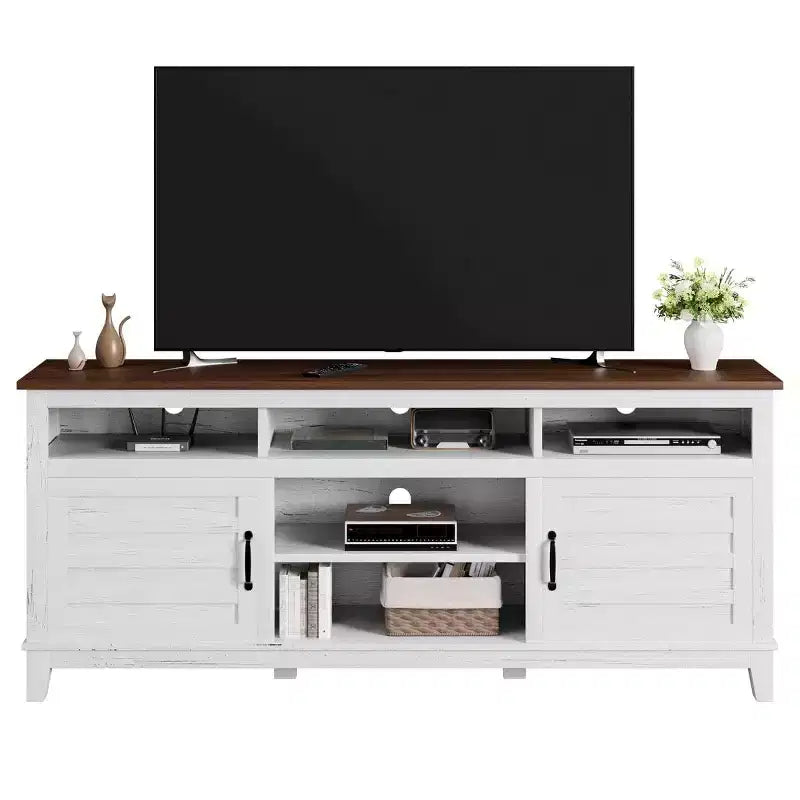 70.9" TV Stand, Entertainment Center with Adjustable Shelves, Farmhouse TV Stand with Cabinet Doors, for Living Room, Bedroom